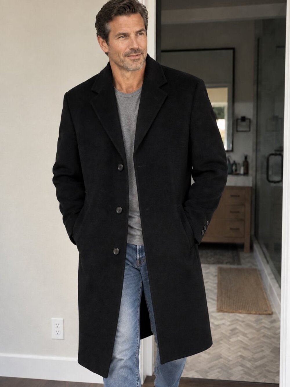 Like New Silver Cloud Men's Long Black Wool Overcoat